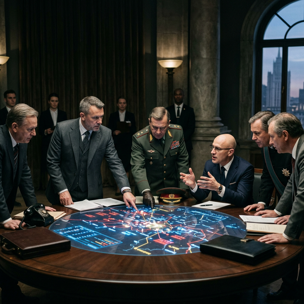 Group of men in suits and military uniforms around a digital map table planning strategy