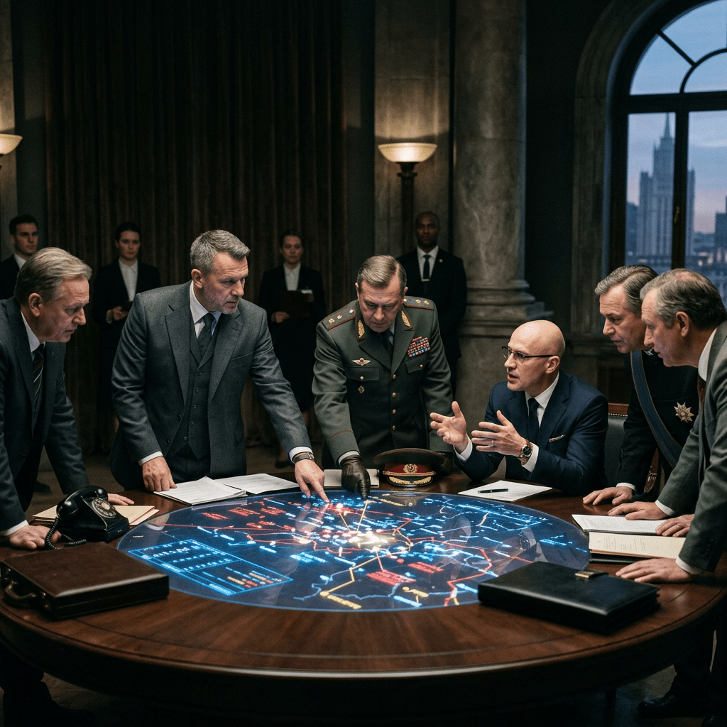Group of men in suits and military uniforms around a digital map table planning strategy