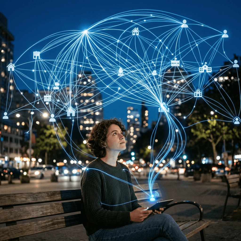 Person sitting on bench holding tablet with digital network connections projecting icons around.