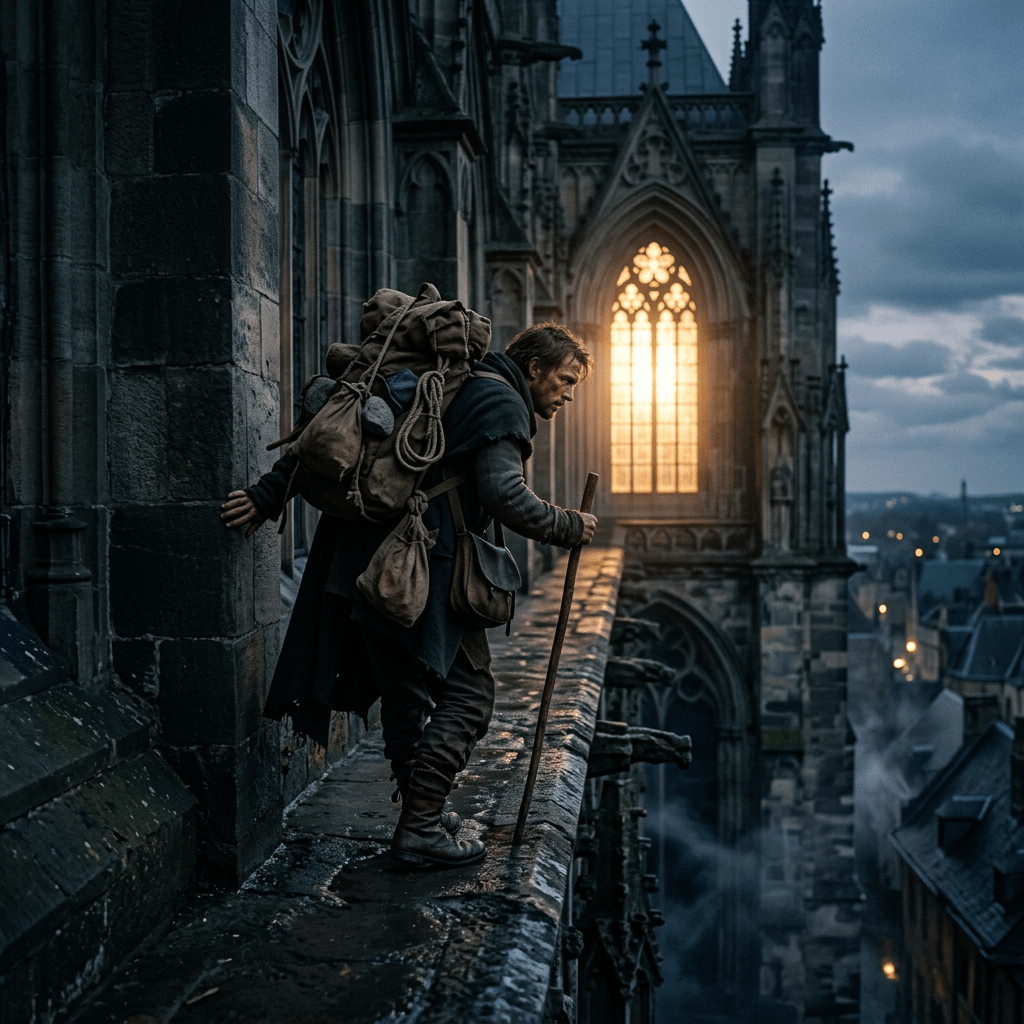 Person on ledge moving toward light, symbolic burdens