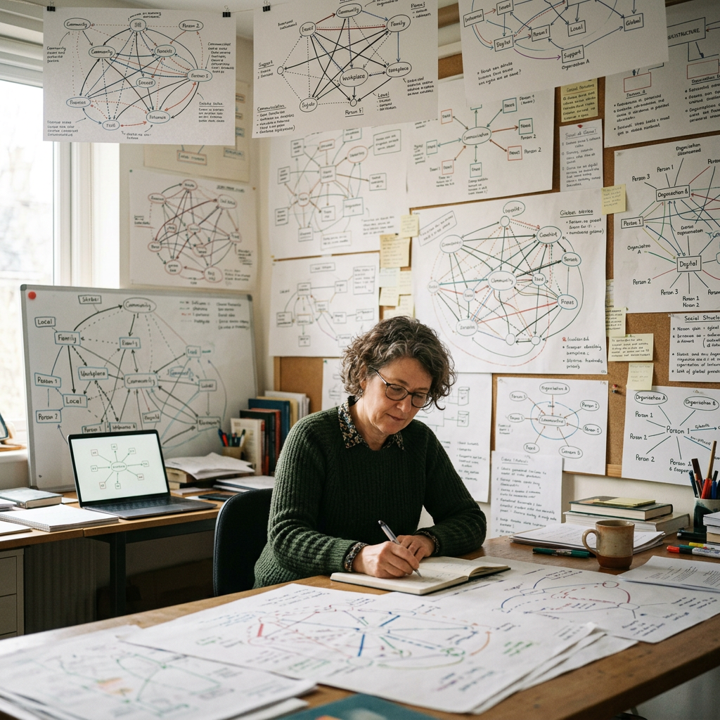 Person surrounded by interconnected social structure diagrams
