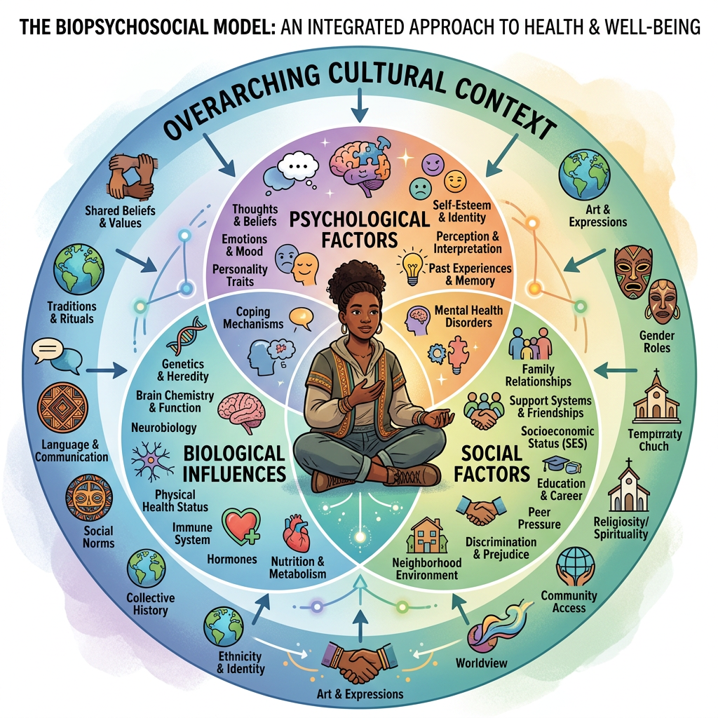 Biopsychosocial model around individual with cultural context