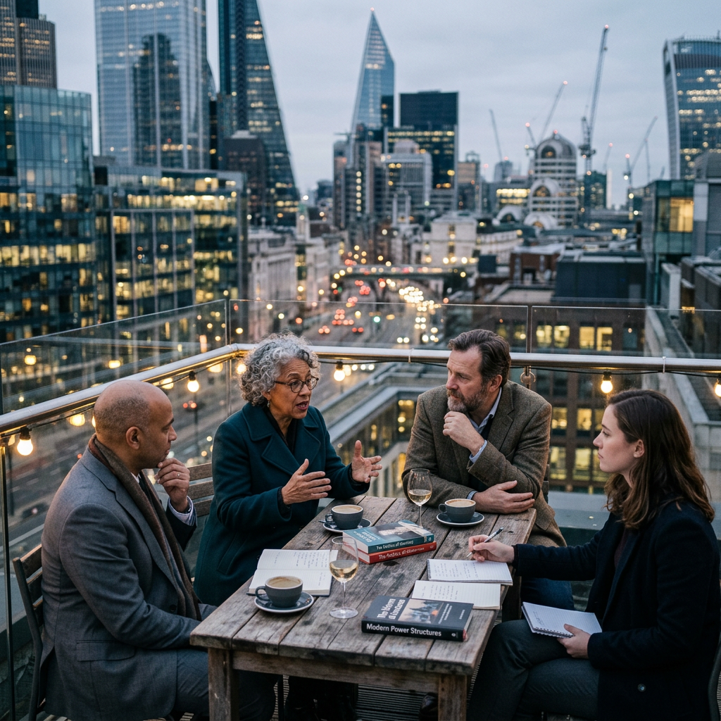 Four people having a discussion around a wooden table on a rooftop with city skyline in the background