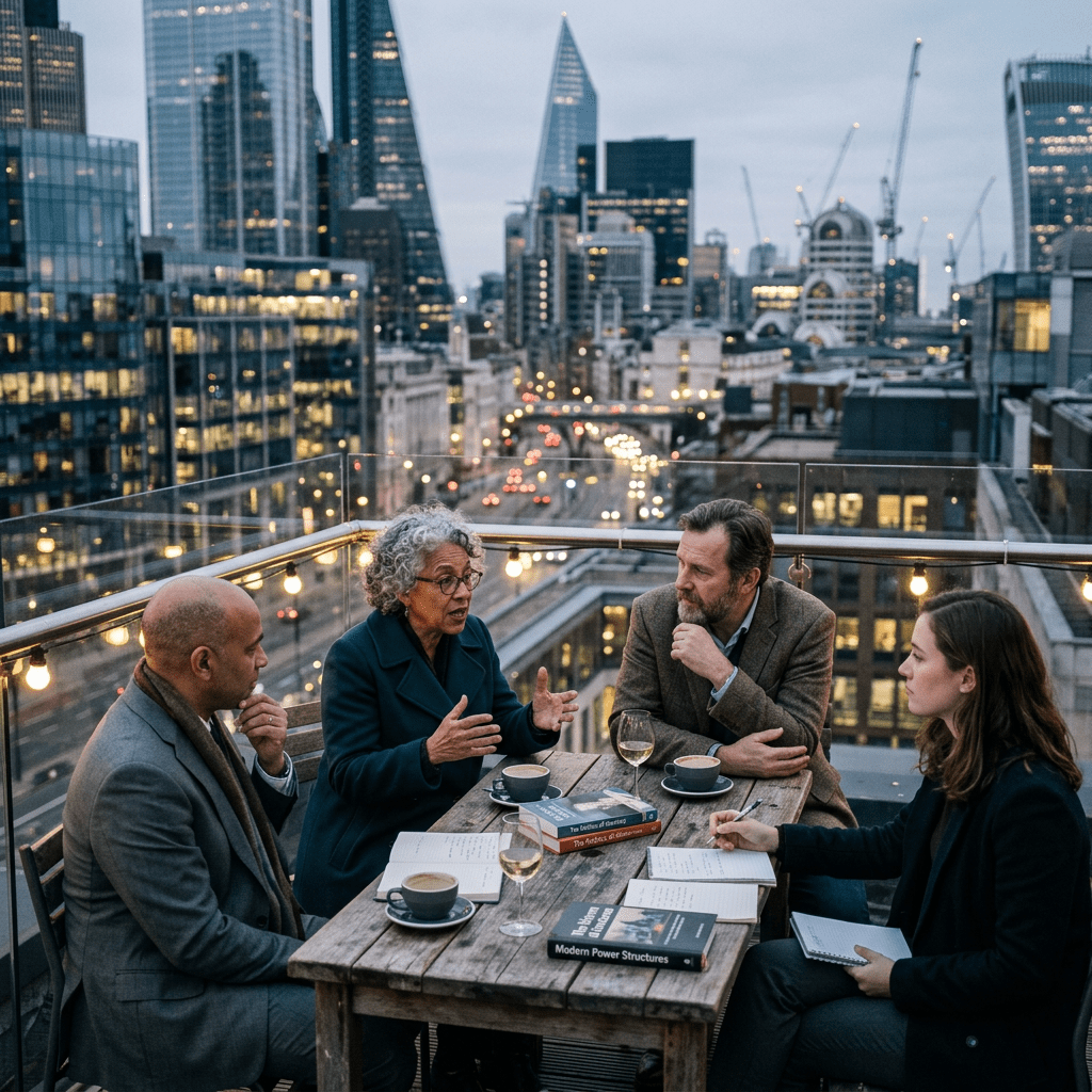 Four people having a discussion around a wooden table on a rooftop with city skyline in the background