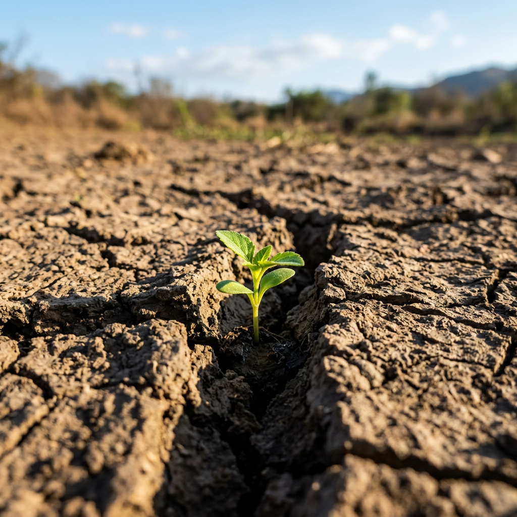 Seedling growing through cracked dry soil in barren field