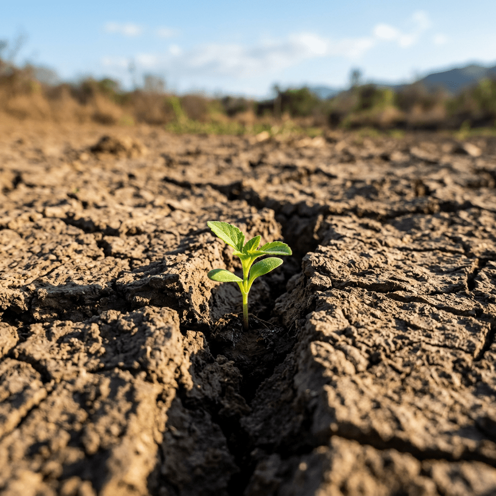 Seedling growing through cracked dry soil in barren field