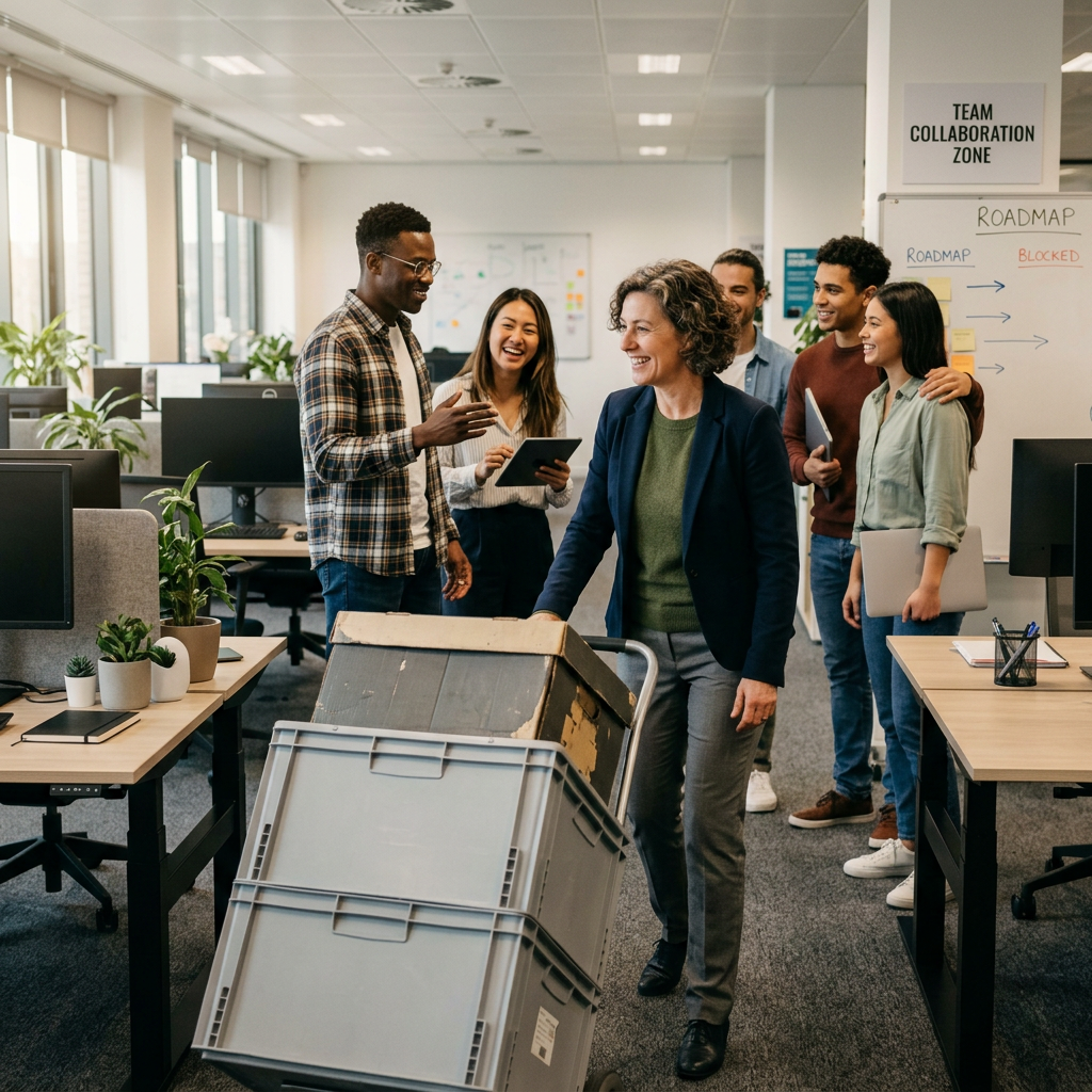 Smiling group of coworkers greeting a woman pushing a cart with boxes in an office