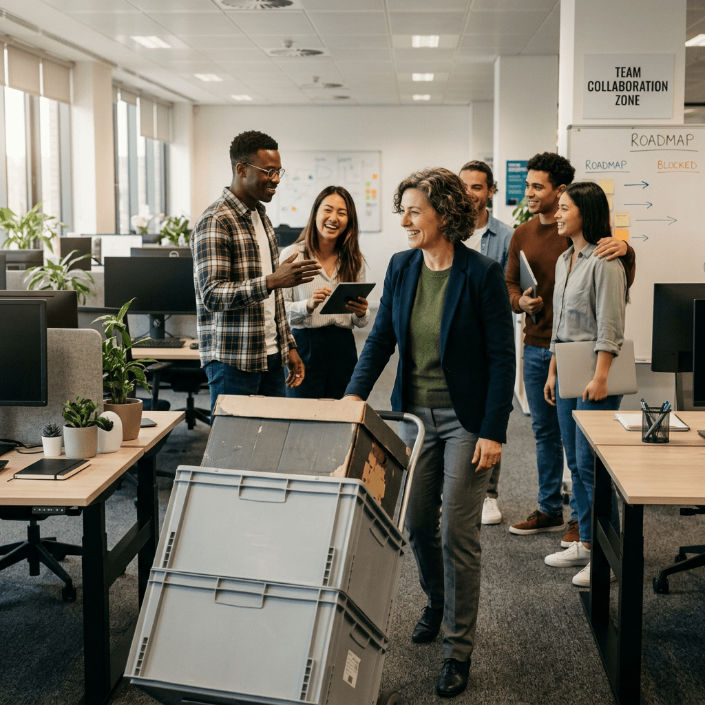 Smiling group of coworkers greeting a woman pushing a cart with boxes in an office