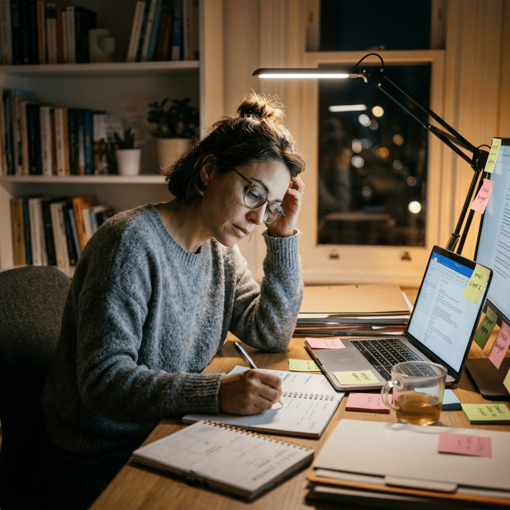 Woman writing notes at desk with laptop and documents under desk lamp