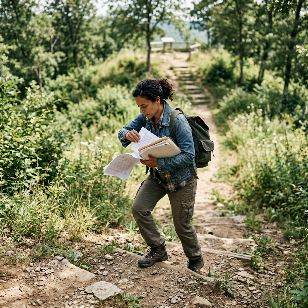Person hiking uphill on dirt path holding papers and a folder