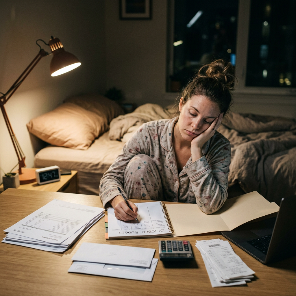 Woman in pajamas writing in a budget notebook at a desk with bills, calculator, and laptop