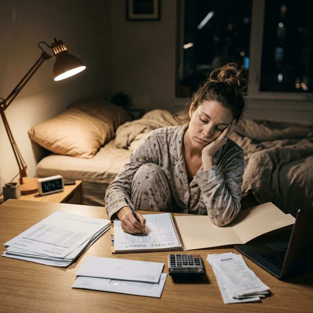 Woman in pajamas writing in a budget notebook at a desk with bills, calculator, and laptop