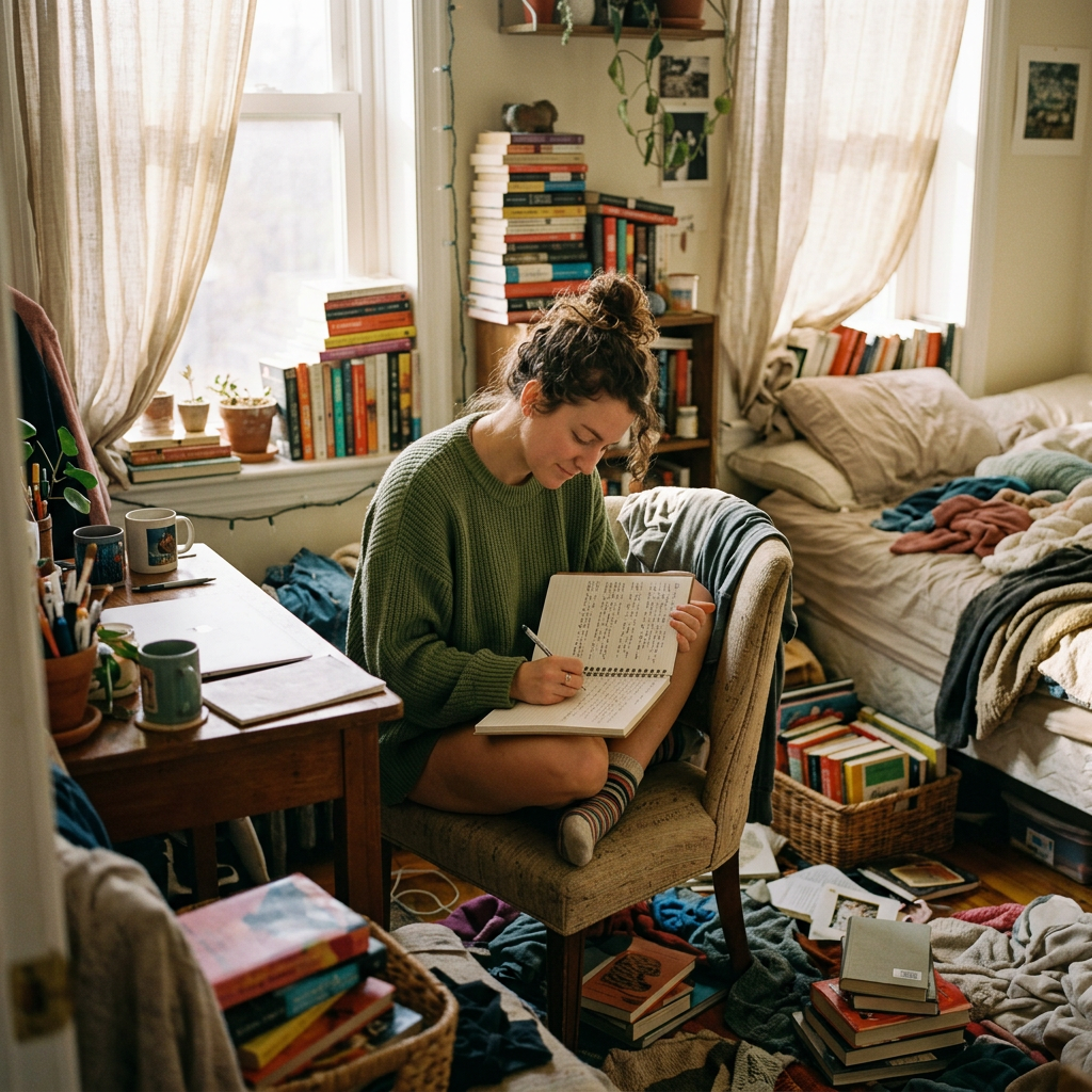 Young woman sitting on chair writing in notebook in cluttered bedroom with books and clothes