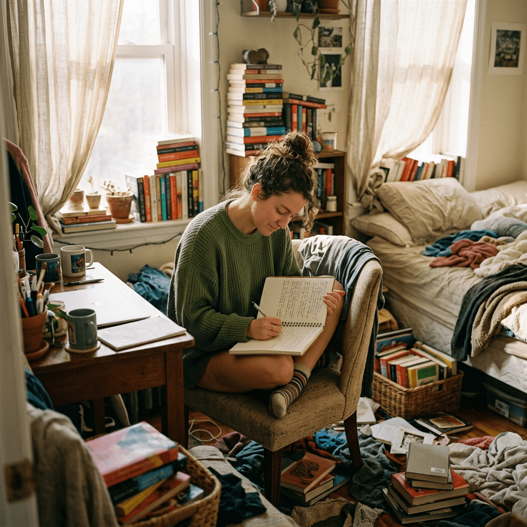 Young woman sitting on chair writing in notebook in cluttered bedroom with books and clothes