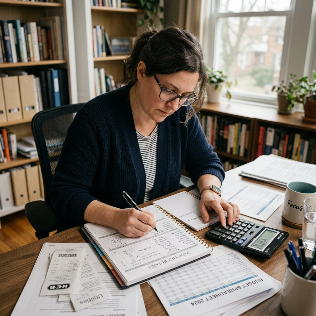 Woman working on monthly budget with calculator and paperwork at home office desk