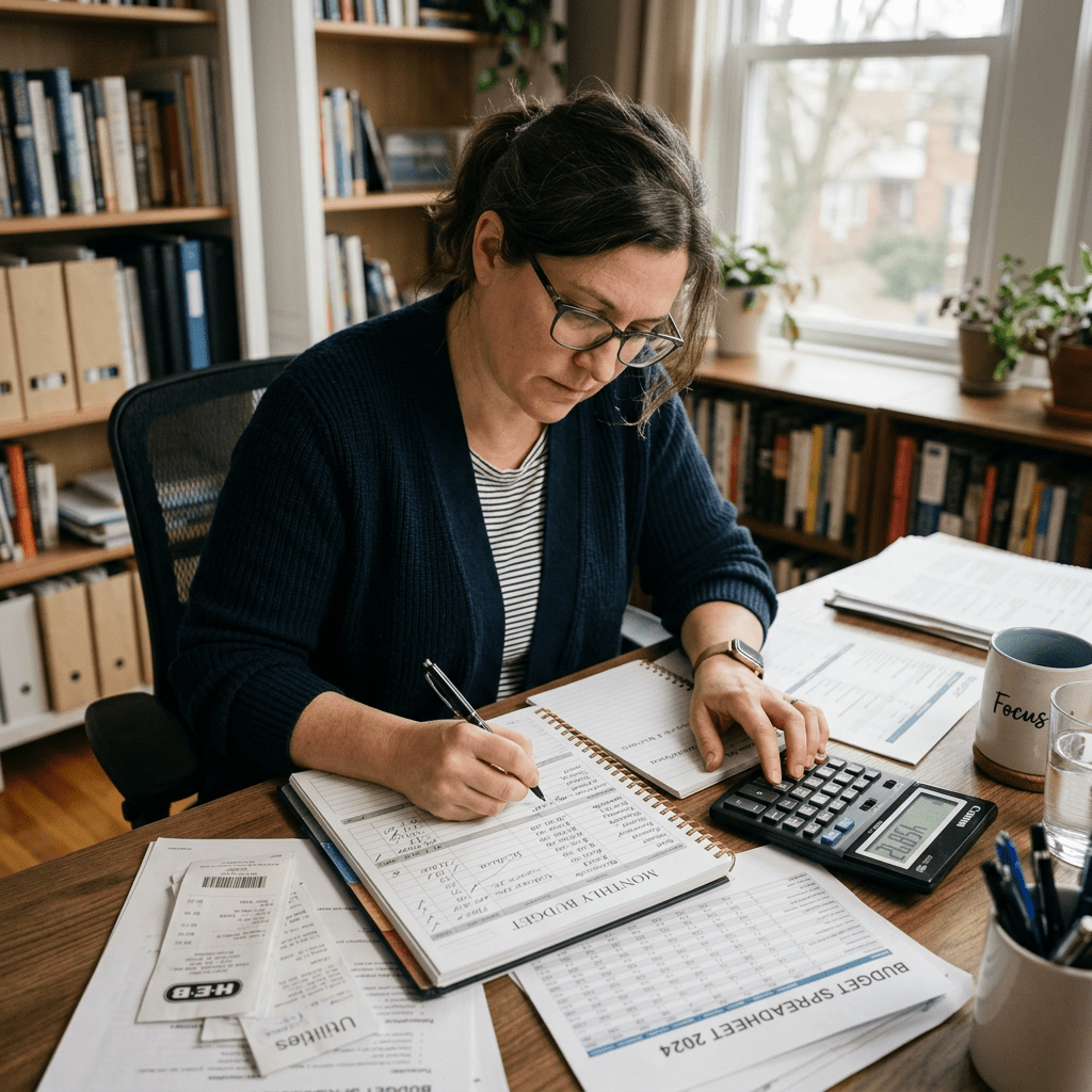 Woman working on monthly budget with calculator and paperwork at home office desk