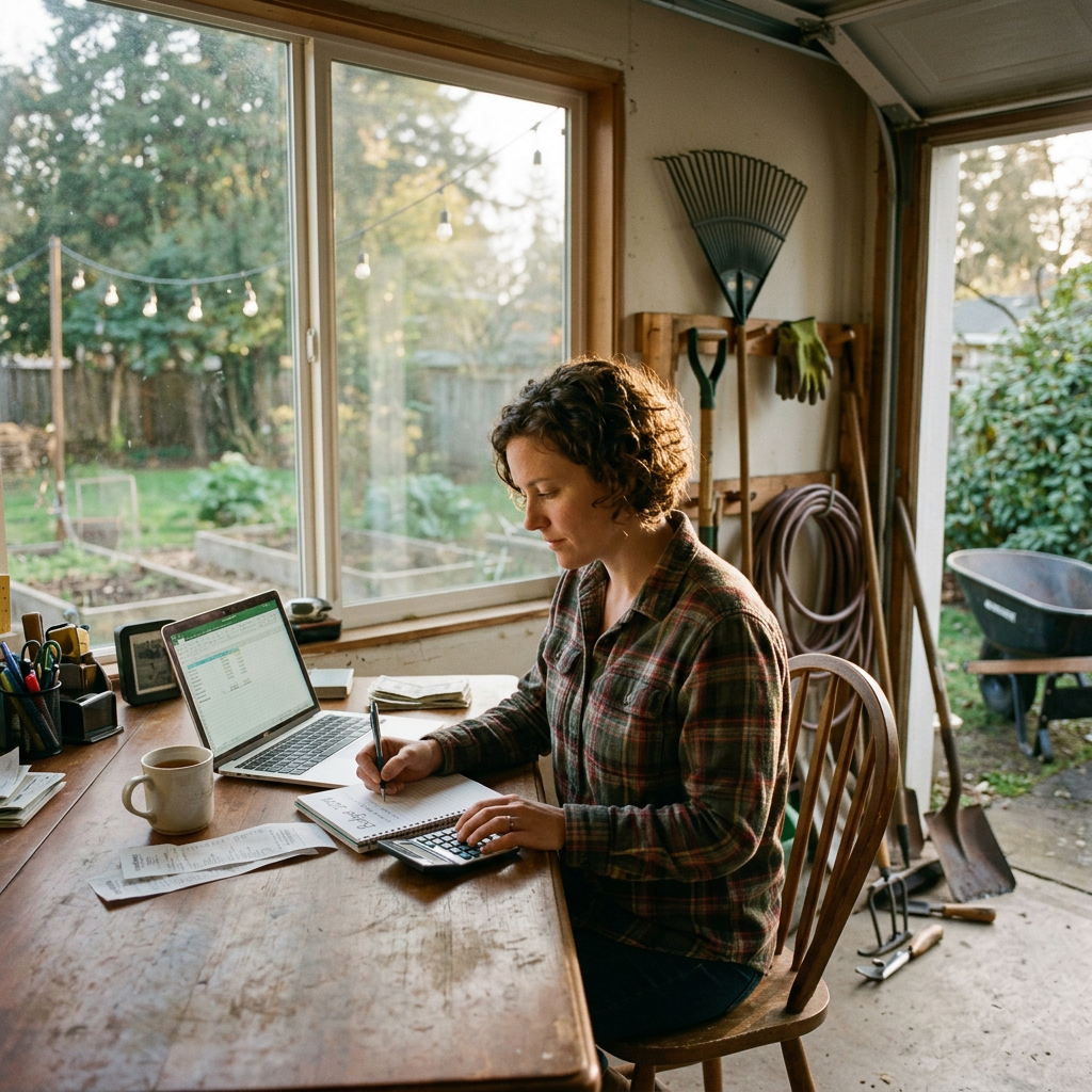 Woman calculating finances using notebook, calculator, and laptop in garden shed