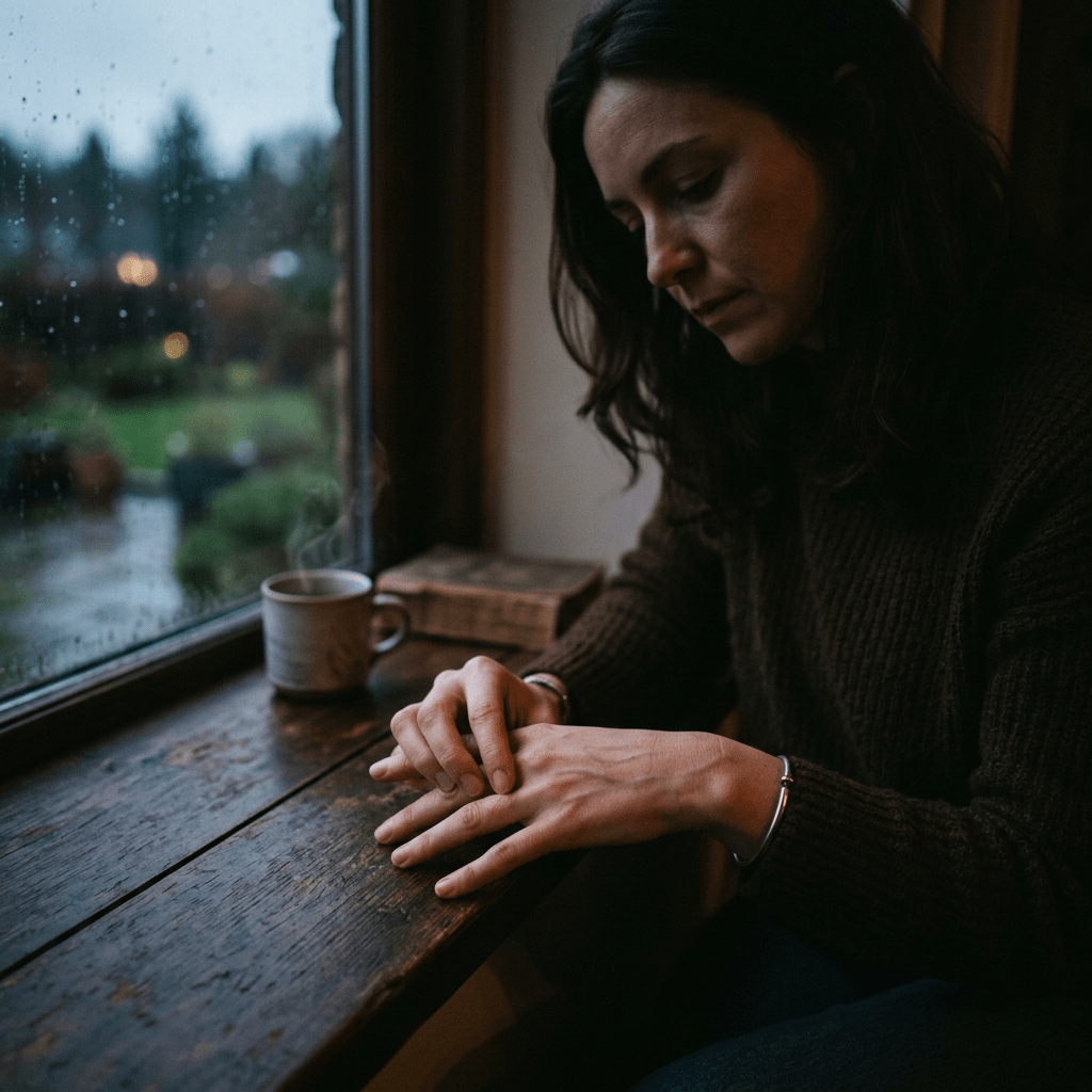 Woman sitting by a rain-speckled window, looking contemplative, with a steaming cup nearby
