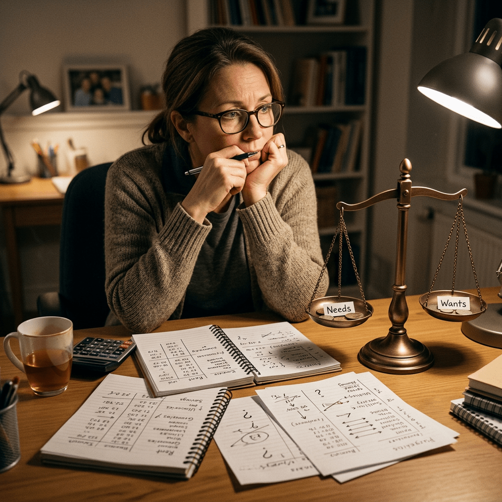 Woman at desk weighing 'Needs' and 'Wants' on a balance scale surrounded by budget notes