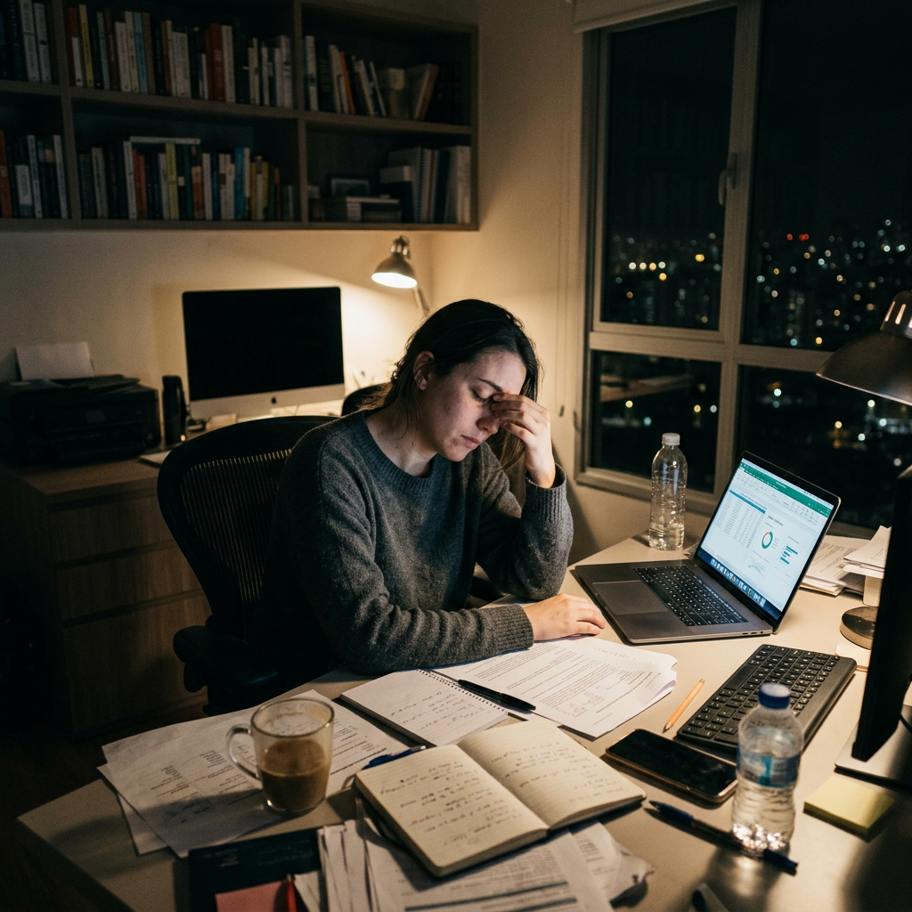 Woman sitting at desk late at night, looking stressed and tired while working on paperwork and laptop