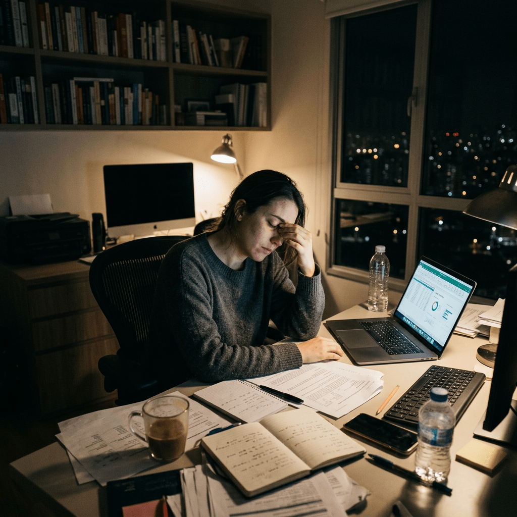 Woman sitting at desk late at night, looking stressed and tired while working on paperwork and laptop