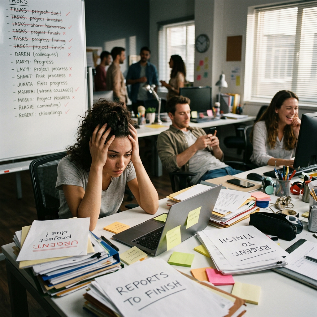 Stressed woman at cluttered desk with urgent project papers and laptop in busy office
