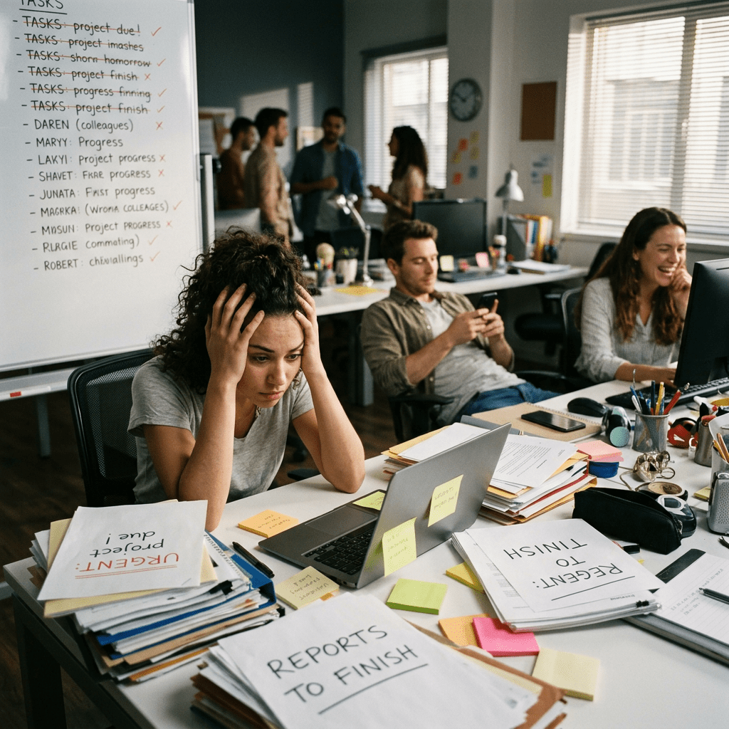 Stressed woman at cluttered desk with urgent project papers and laptop in busy office