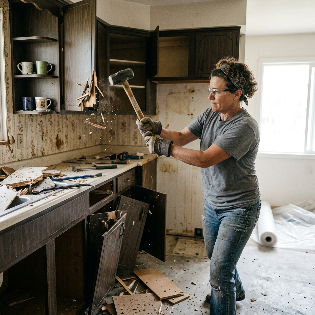 Person using a sledgehammer to break kitchen cabinets during demolition