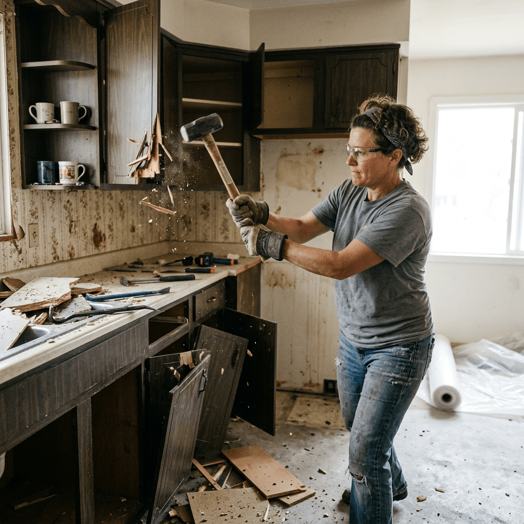 Person using a sledgehammer to break kitchen cabinets during demolition