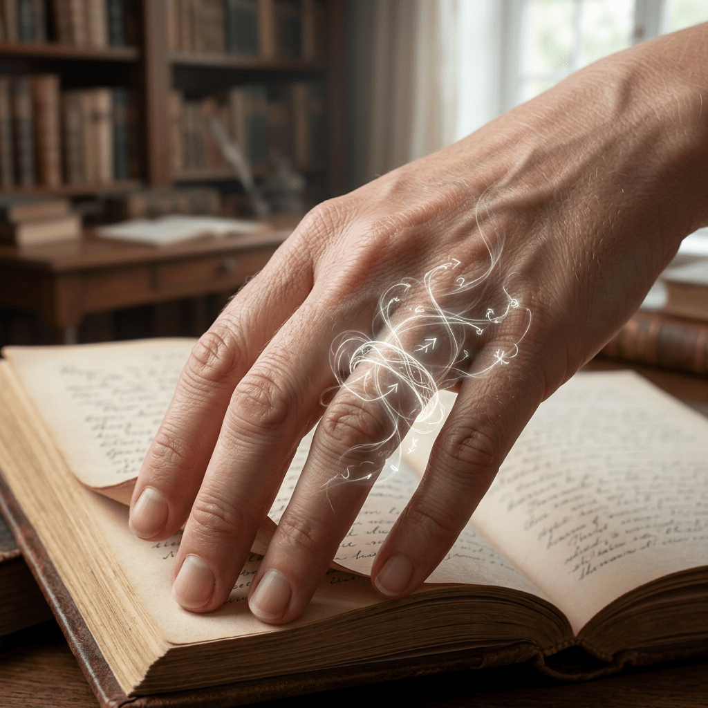 Hand resting on an open old book with glowing swirling magical energy around finger ring