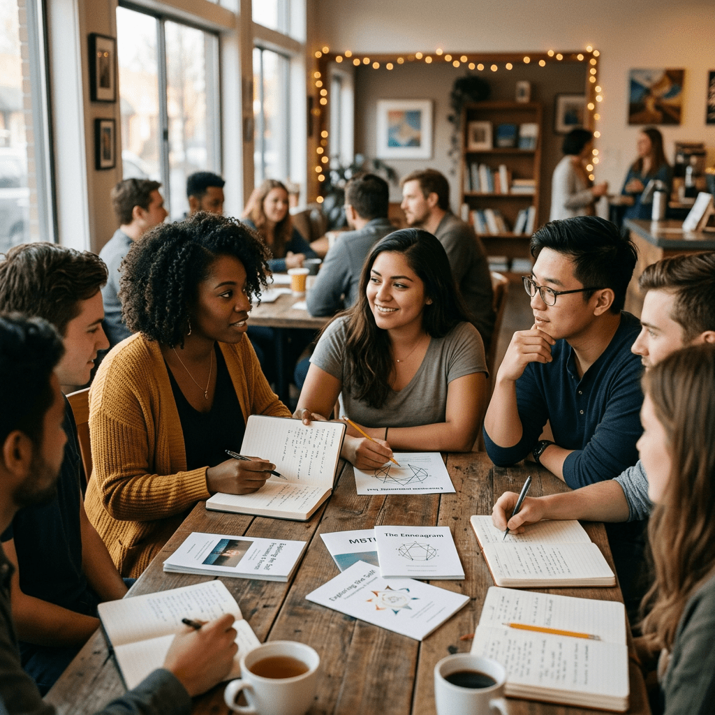 Diverse group collaborating around a café table with notebooks and coffee