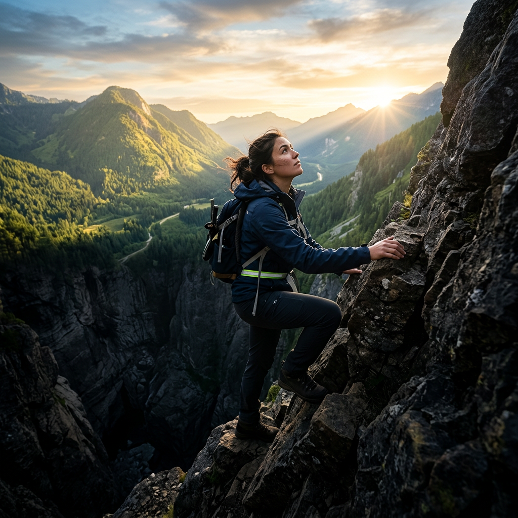 Hiker climbing a rocky mountain above a sunlit alpine valley