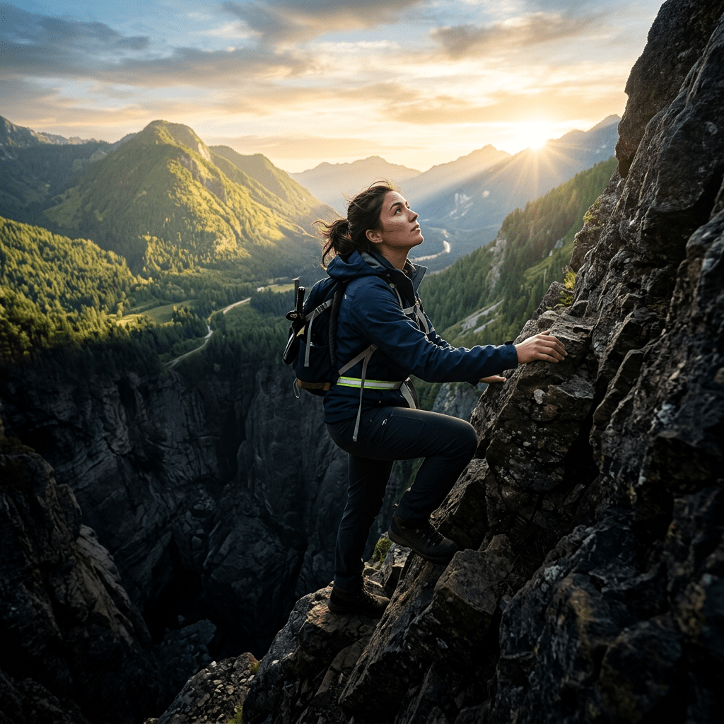 Hiker climbing a rocky mountain above a sunlit alpine valley