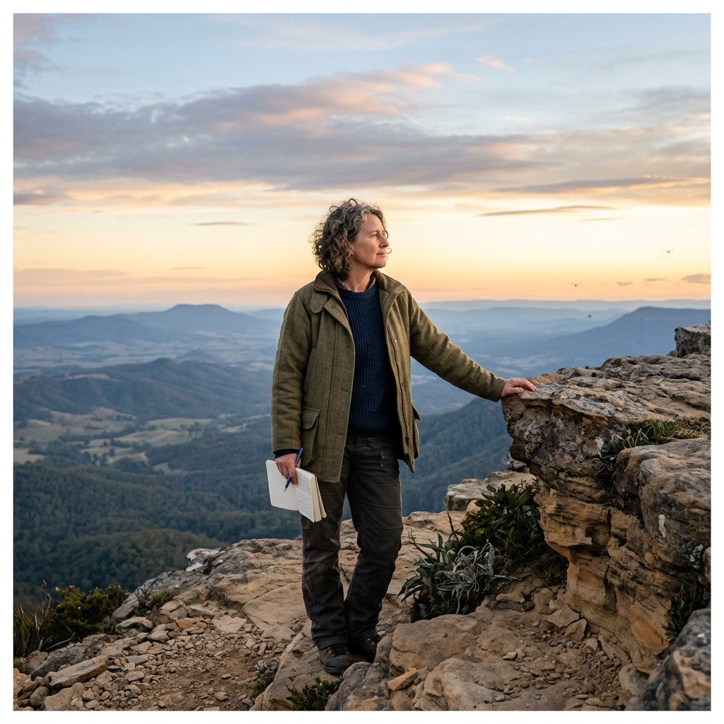 Hiker holding a notebook on a rocky mountain summit at sunset