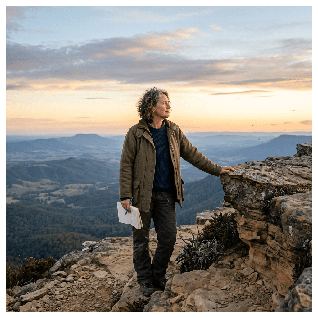 Hiker holding a notebook on a rocky mountain summit at sunset