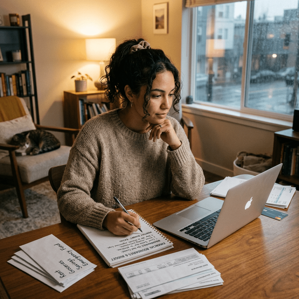 Woman writing notes beside a laptop at a home workspace