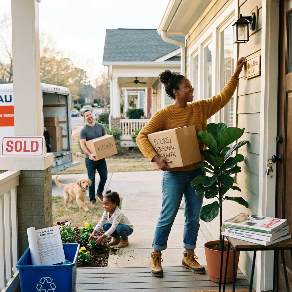 Family moving into home; signs read SOLD, KITCHEN, BOOKS/PERSONAL GROWTH, and Tenant Lease Agreement
