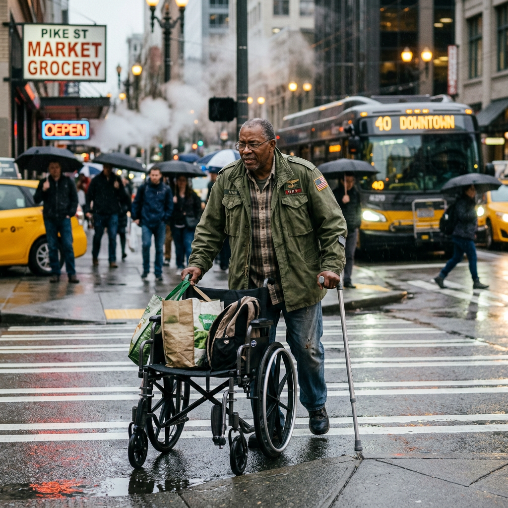 Man guiding wheelchair across rainy street; signs read Pike St Market Grocery, OPEN, and 40 Downtown