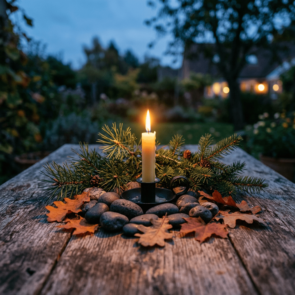 Lit candle surrounded by autumn leaves, pine branches, and stones outdoors