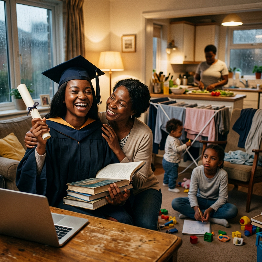 Graduate holding diploma and books beside smiling mother at home
