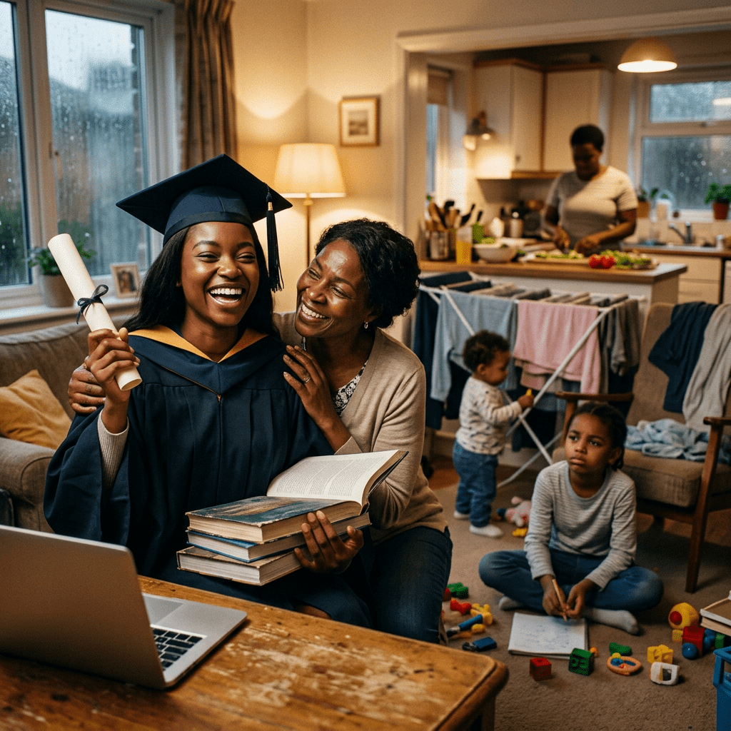 Graduate holding diploma and books beside smiling mother at home