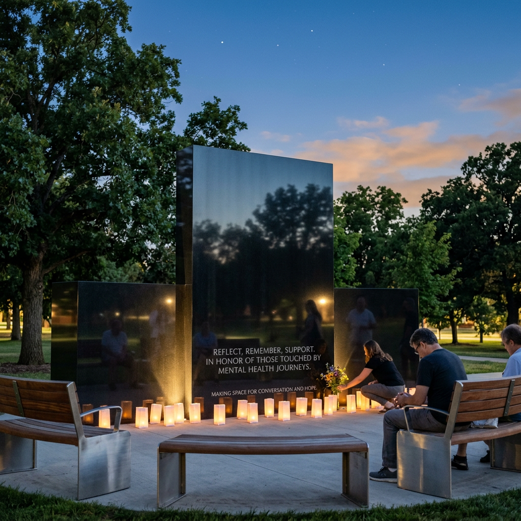 Memorial with candles and text: “REFLECT, REMEMBER, SUPPORT. IN HONOR OF THOSE TOUCHED BY MENTAL HEALTH JOURNEYS. MAKING SPACE FOR CONVERSATION AND HOPE.”