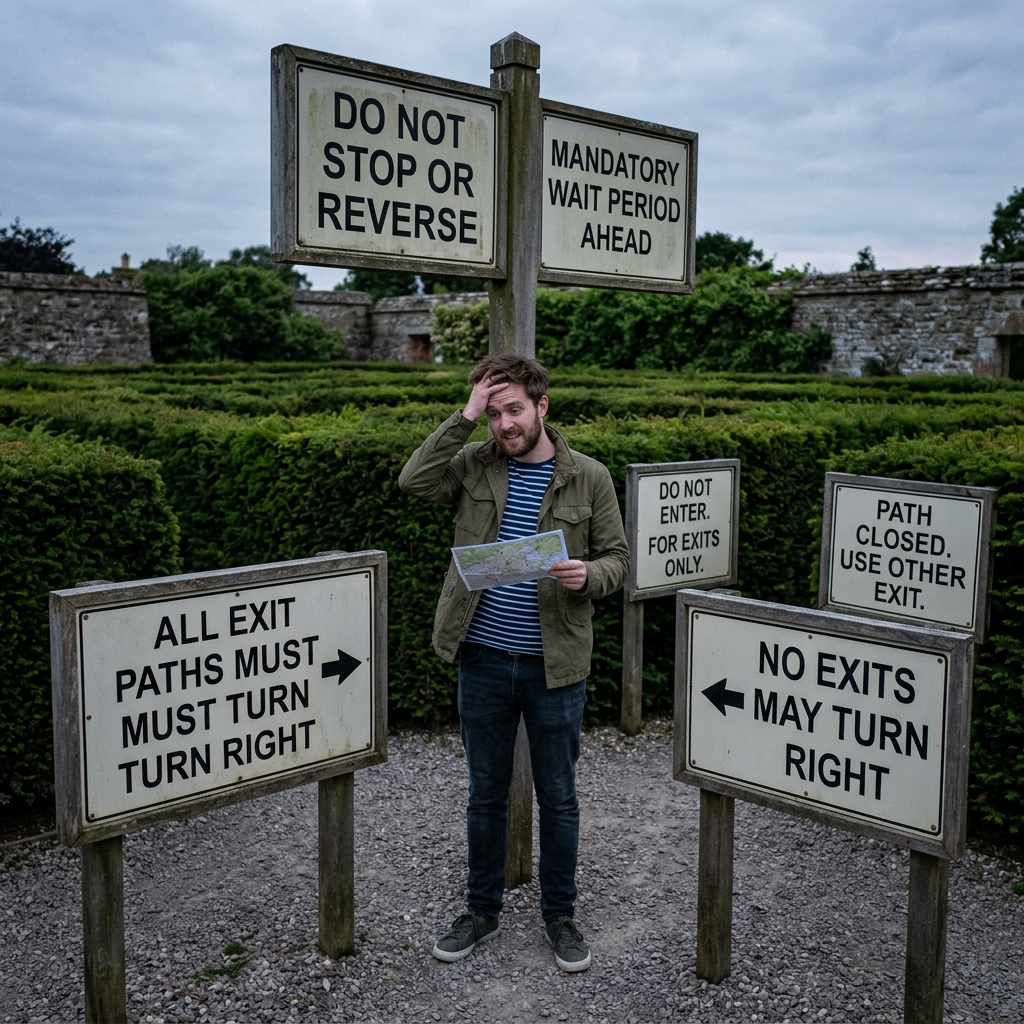 Confused man holding a map among contradictory hedge maze signs