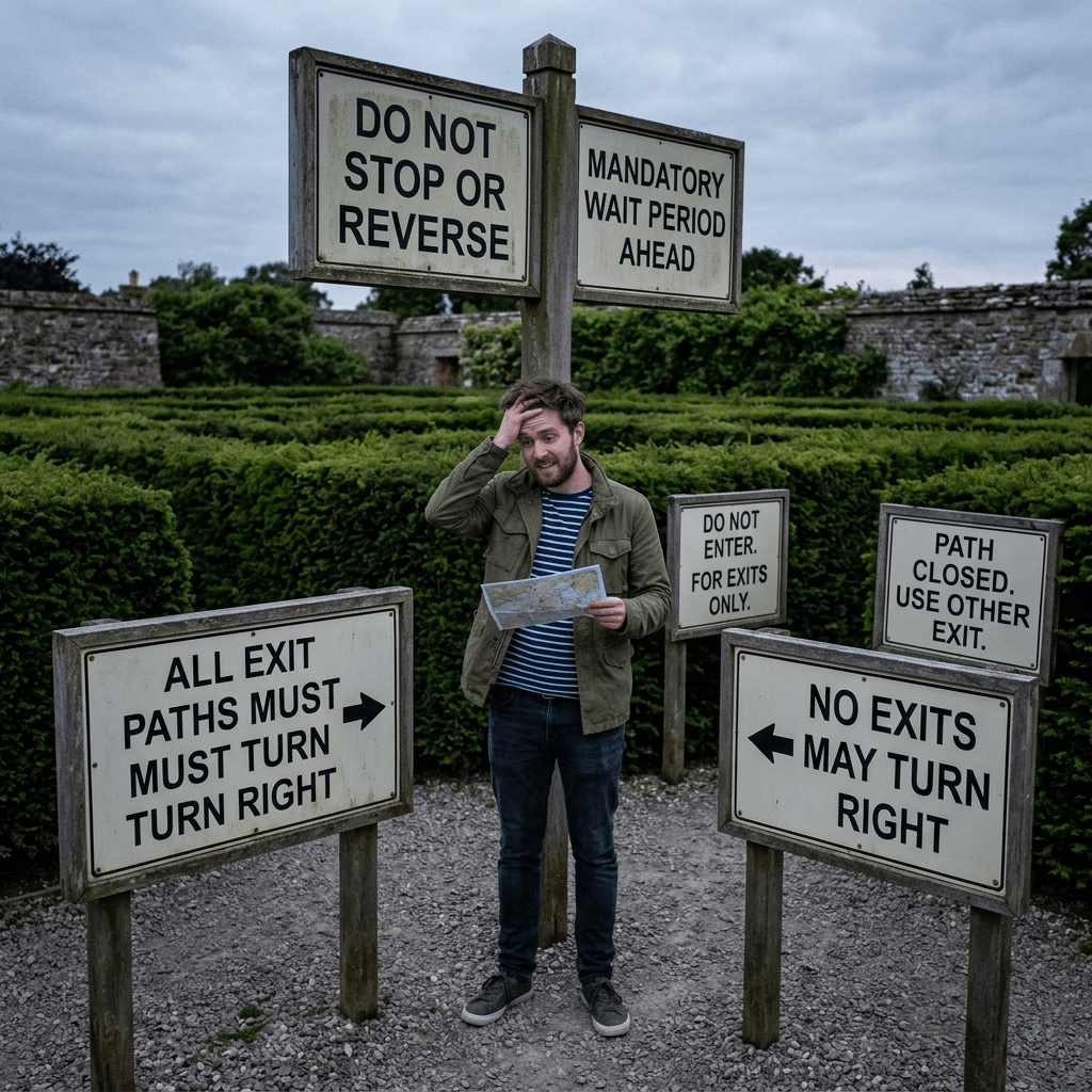 Confused man holding a map among contradictory hedge maze signs