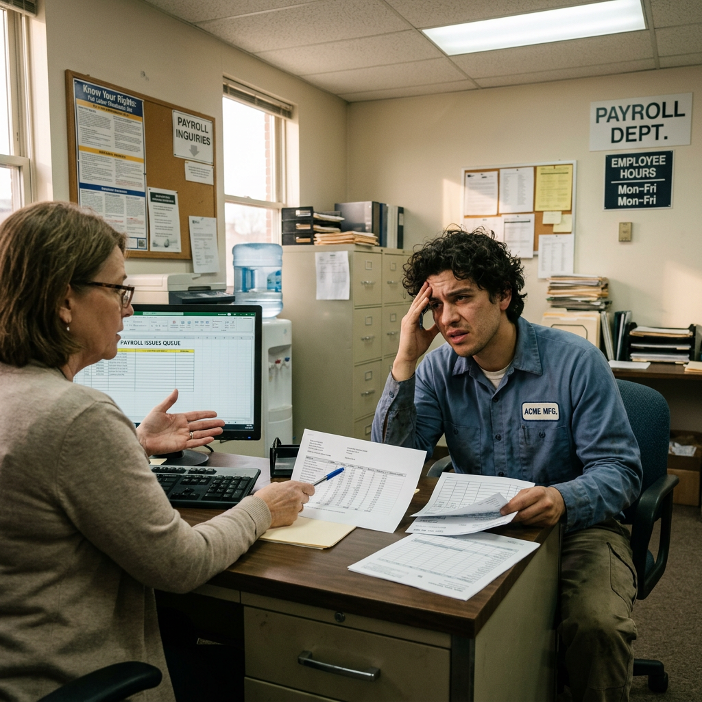 Payroll employee discussing documents under a Payroll Department sign