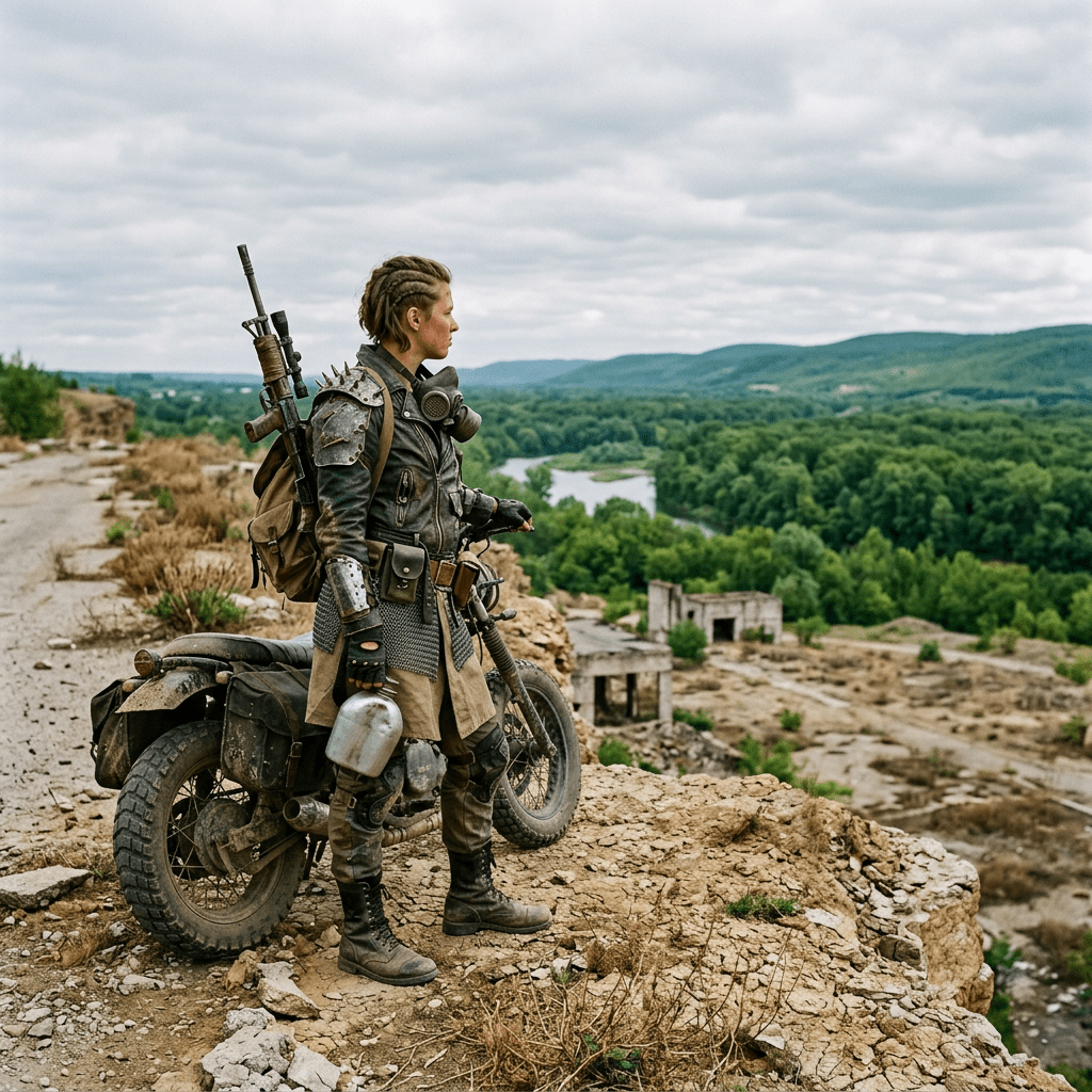 Armored traveler beside a rugged motorcycle overlooking a valley