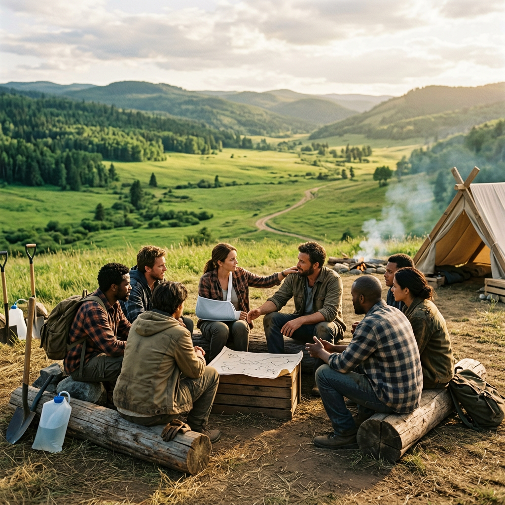 Seven hikers studying a map beside a tent and campfire in a mountain valley
