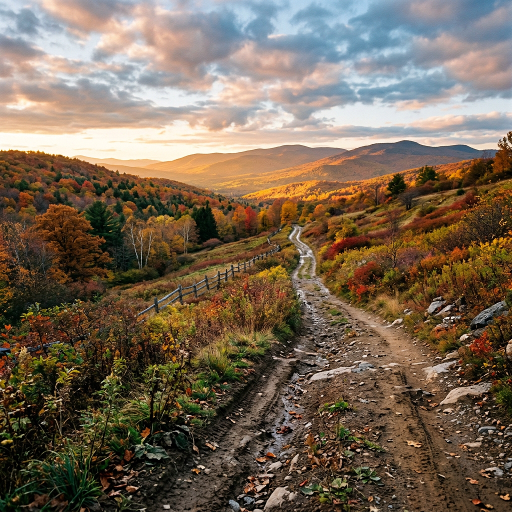 Rocky trail winding through autumn-covered hills toward distant mountains