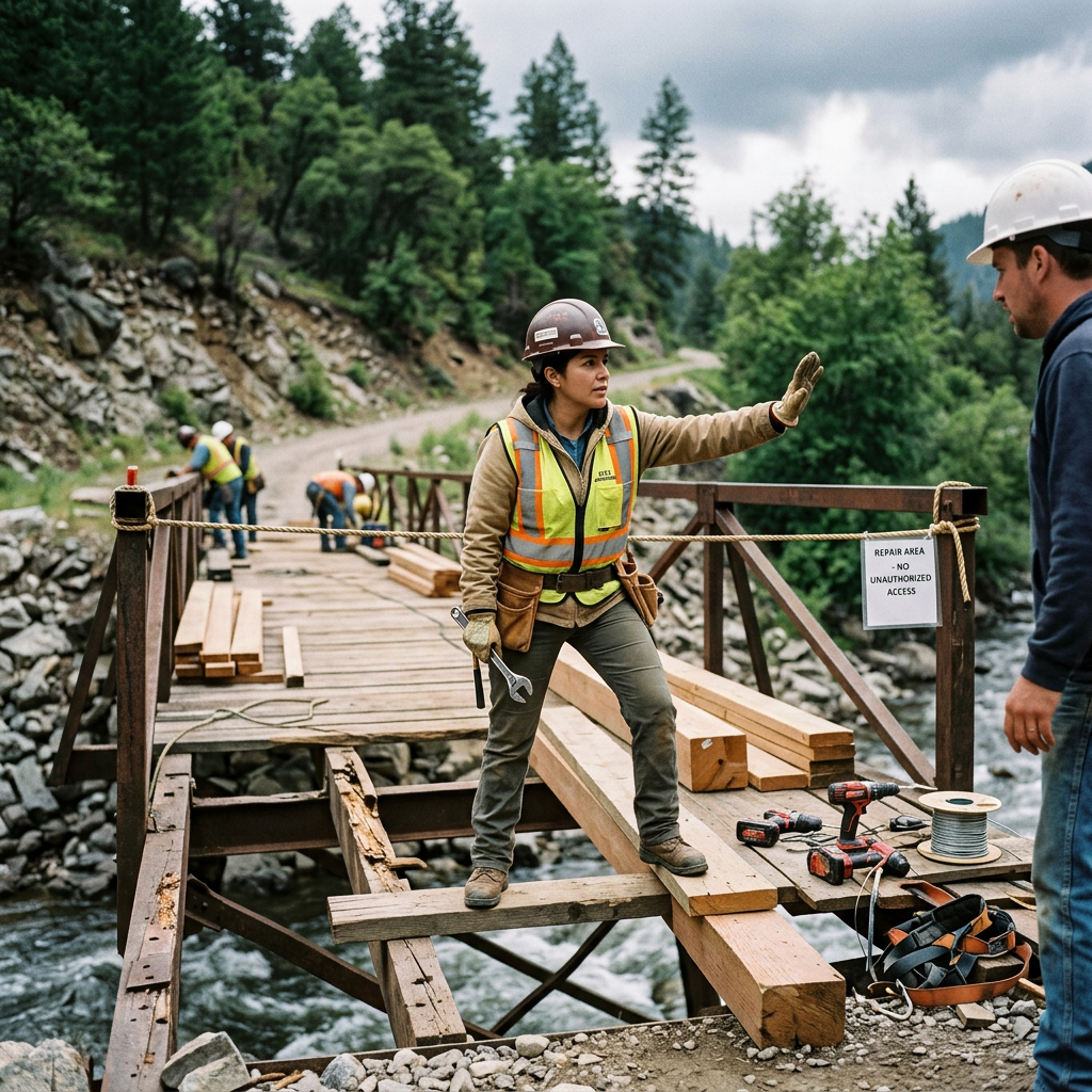 Worker directing bridge repairs; sign reads “REPAIR AREA – NO UNAUTHORIZED ACCESS.”