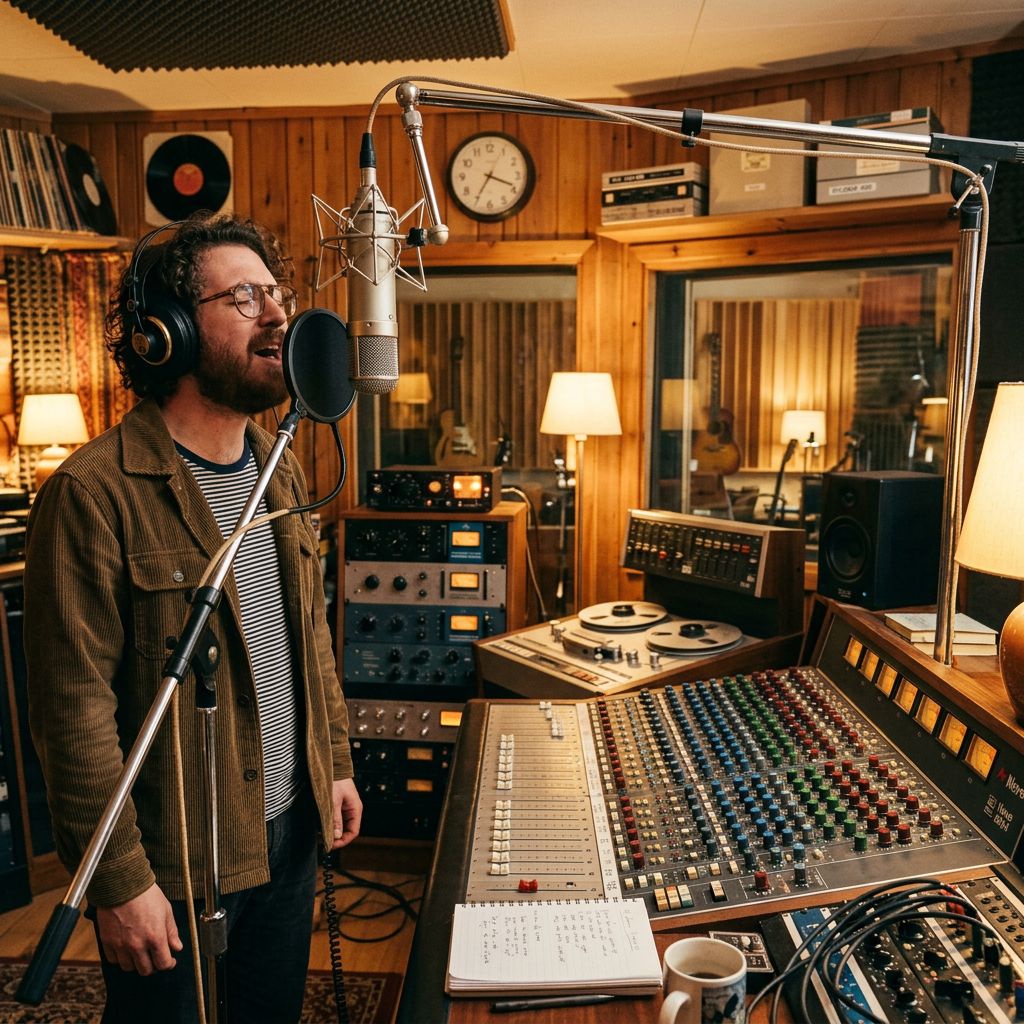 Vocalist singing into a studio microphone beside an analog mixing console